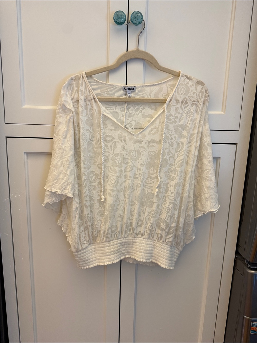 Express Cream Lace V-Neck Drawstring Blouse